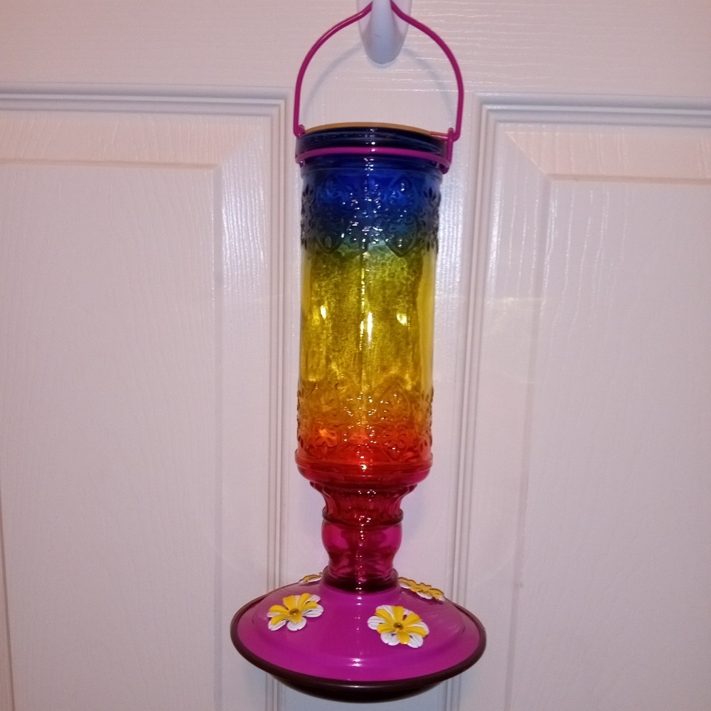 Hot Pink Multicolor Hanging Glass Hummingbird Feeder 5.3x11 inches